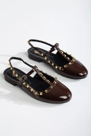 Ms. Sugar Shoes Rugan Zımbalı T-Strap Düz Babet - Görsel 3
