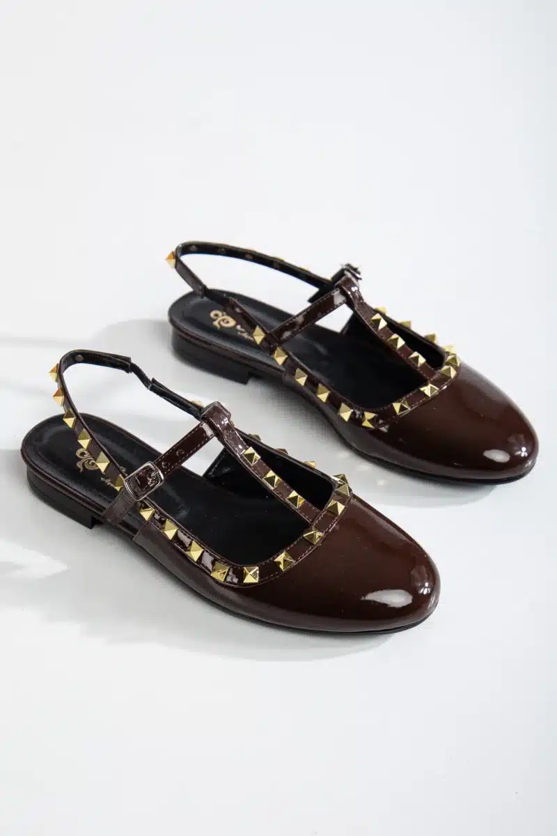 Ms. Sugar Shoes Rugan Zımbalı T-Strap Düz Babet - Görsel 3
