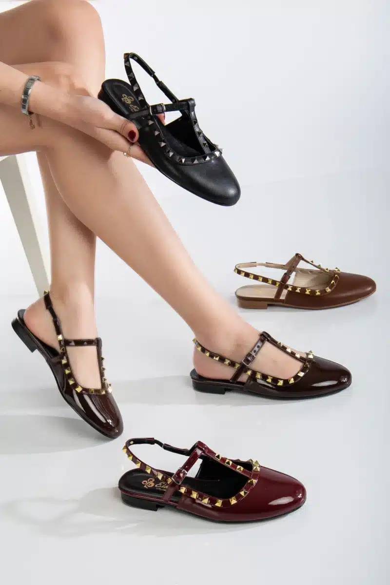 Ms. Sugar Shoes Rugan Zımbalı T-Strap Düz Babet - Görsel 2