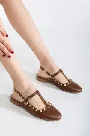 Ms. Sugar Shoes Rugan Zımbalı T-Strap Düz Babet - Görsel 8